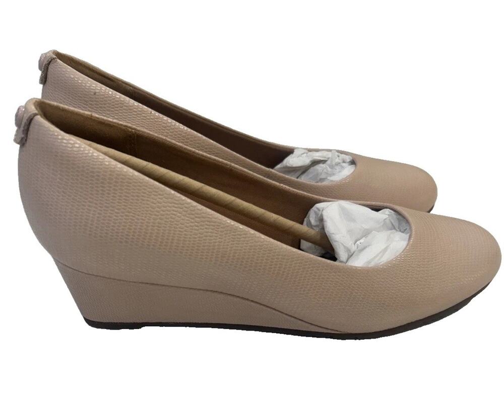 NEW CLARKS Vendra Bloom Dusty Pink Snake Print Leather Wedge Pumps Shoes Sz 6.5M